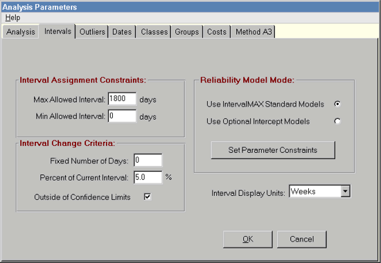 IntervalMAX Calibration Interval Analysis Software - Analysis Parameters Screen