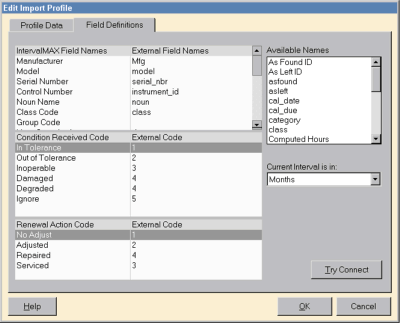 IntervalMAX Calibration Interval Analysis Software - Import Profile Screen