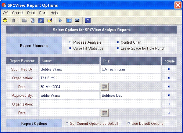 SPCView Statistical Process Control Software - Report Options Screen